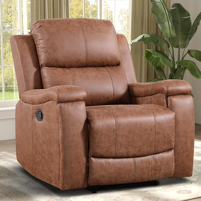 Leather Recliner Chair, Manual Recliner Chair for Adults with Overstuffed Arms and Back, Single Sofa Recliner with Cup Holders for Living Room (1, Brown)