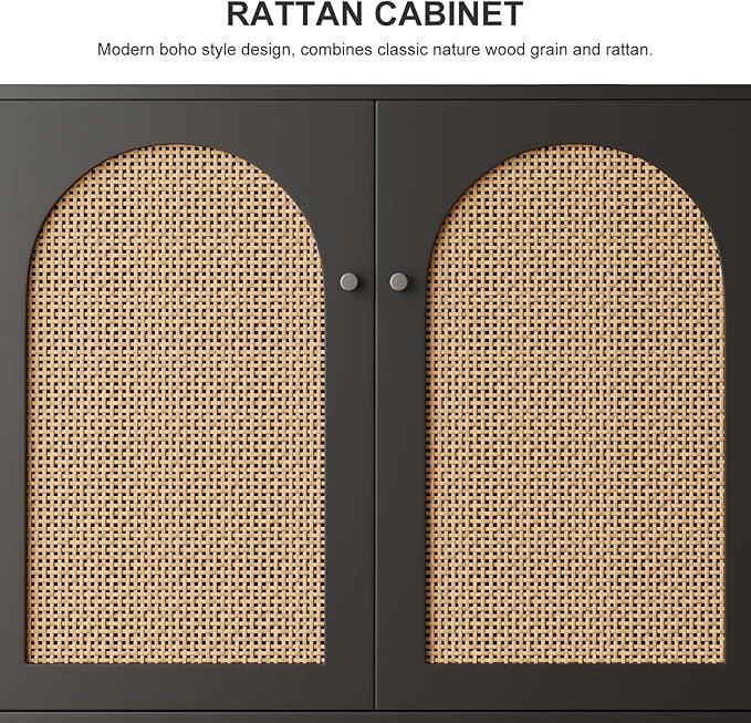 Rattan Storage Cabinet, 2-Door Buffet Cabinet with Storage in Black, Adjustable Shelf, Elegant Rattan Door Sideboards for Stylish Home Organization 31.5" Black Set 2