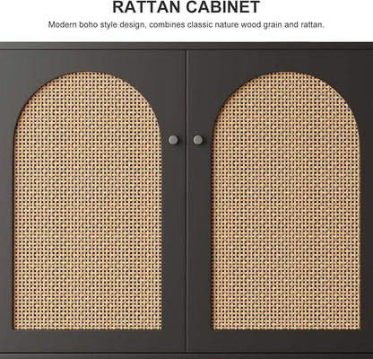 Rattan Storage Cabinet, 2-Door Buffet Cabinet with Storage in Black, Adjustable Shelf, Elegant Rattan Door Sideboards for Stylish Home Organization 31.5" Black Set 2