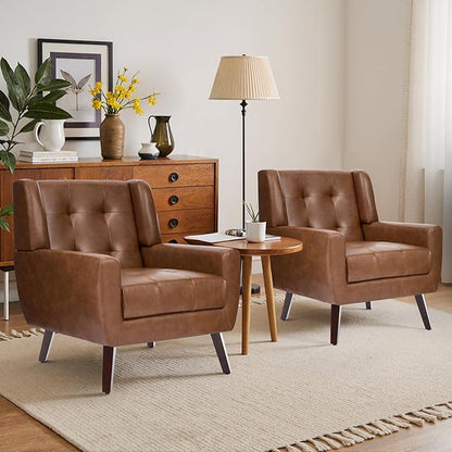 Faux Leather Accent Chair, Mid-Century Modern Upholstered Armchair, Comfy Living Room Chairs Reading Chairs with Button Tufted Back & Solid Wood Legs for Bedroom, Office, Coffee