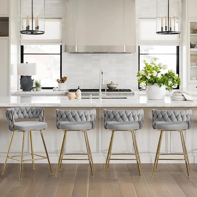 VECELO Bar Stools Set of 2, Counter Height Bar Stools, 26 inch Seat Barstools with Woven Back and Footrest for Kitchen Island Counter, Grey