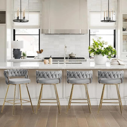VECELO Bar Stools Set of 2, Counter Height Bar Stools, 26 inch Seat Barstools with Woven Back and Footrest for Kitchen Island Counter, Grey