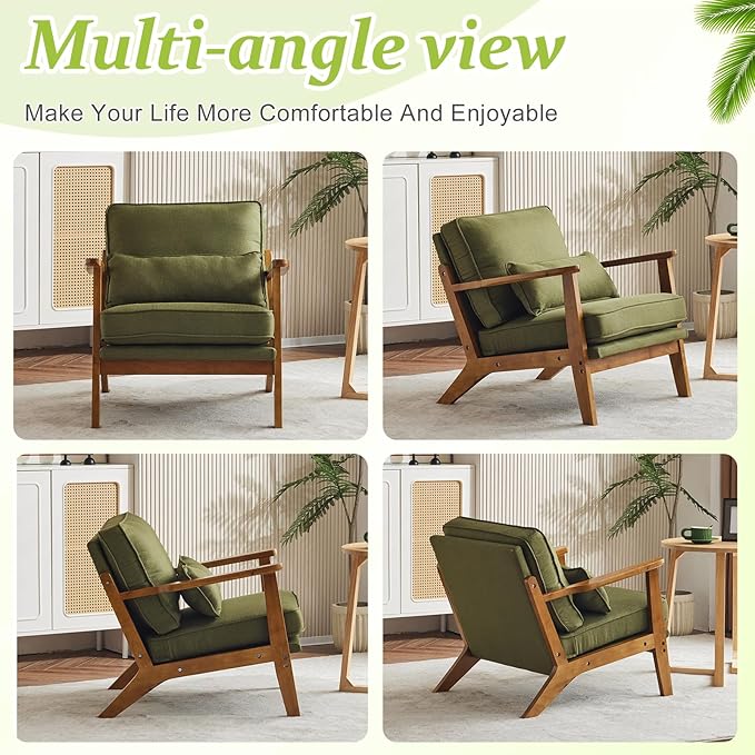 VINGLI Solid Wood Wide Armrests Accent Chair Set of 2,Upholstered Mid Century Modern Chair with Pillow,Farmhouse Arm Chair Comfy Reading Chair,Chairs Living Room,Bedroom,Guest Room,Linen Fabric,Green