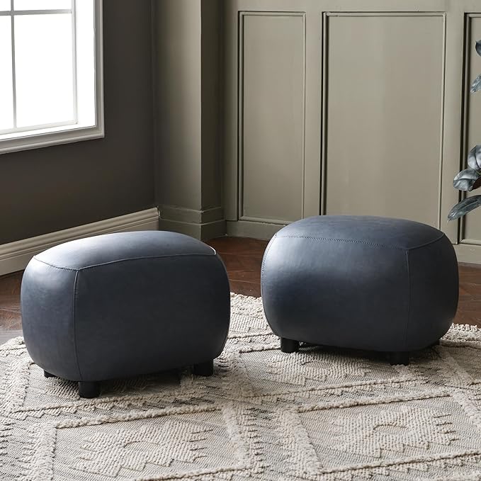 KINWELL 23" Wide Faux Leather Upholstered Ottoman Set of 2, Mid-Century Modern Living Room Footrest with Soft Padded Seat, Footstool for Bedroom, Entryway or Living Room, Navy