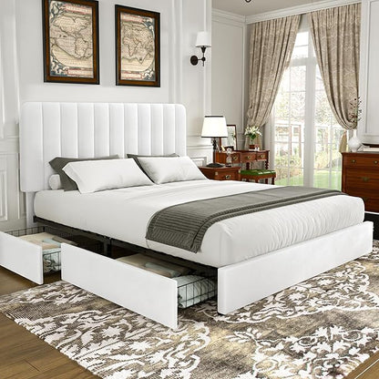 VECELO King Size Upholstered Bed Frame with 4 Drawers and Headboard, Velvet Platform Storage Bedframe, Wooden Slats Support, No Box Spring Needed,Snow-White