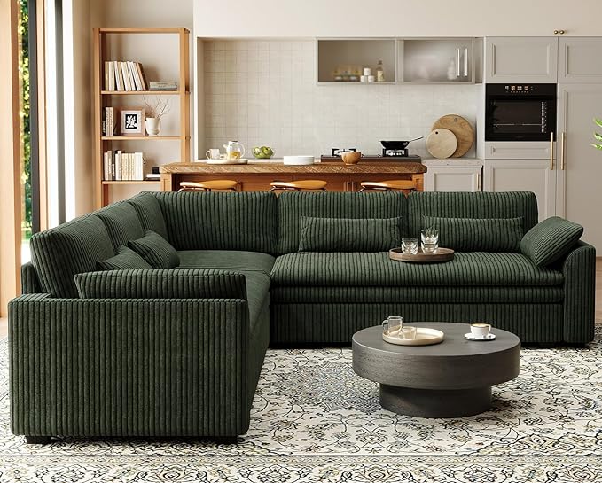 Belffin Large Modular Sectional Sofa with Double 61" Loveseat, Corduroy Corner Couch with 9" Soft Dual-Layer Seats Cushion for Living Room, Apartment, Small Sapce, Green