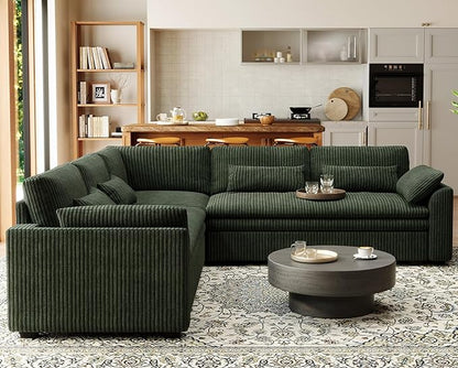 Belffin Large Modular Sectional Sofa with Double 61" Loveseat, Corduroy Corner Couch with 9" Soft Dual-Layer Seats Cushion for Living Room, Apartment, Small Sapce, Green