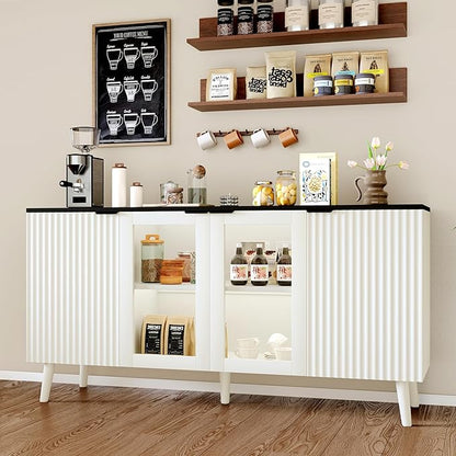 JASIWAY Buffet Cabinet with Storage 55" Fluted Sideboard with Glass Door Modern Coffee Bar Table Accent Credenza Cabinet for Dining Room, Kitchen, Living Room, Hallway, White and Black