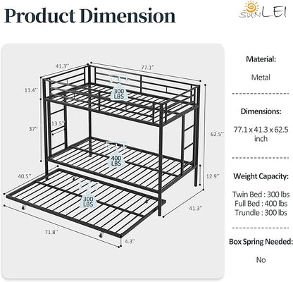 SUNLEI Metal Bunk Beds with Double Secured Ladders, Twin Bunk Bed with Surrounded Safety Guardrails, Space Saver Twin Beds, Noise Free for Small Bedroom, with Trundle Function, Black