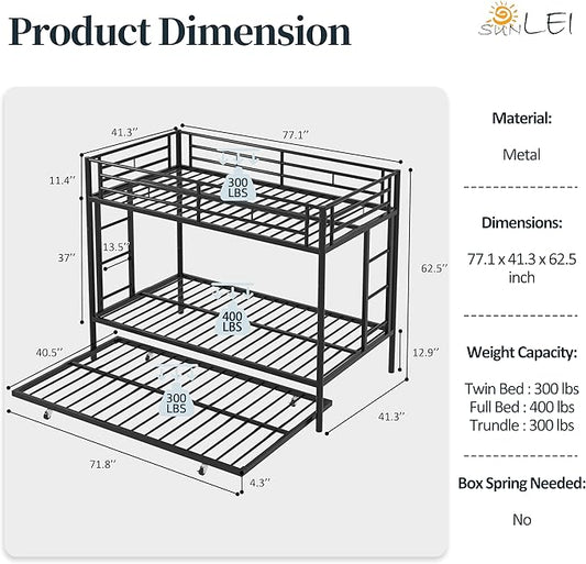 SUNLEI Metal Bunk Beds with Double Secured Ladders, Twin Bunk Bed with Surrounded Safety Guardrails, Space Saver Twin Beds, Noise Free for Small Bedroom, with Trundle Function, Black