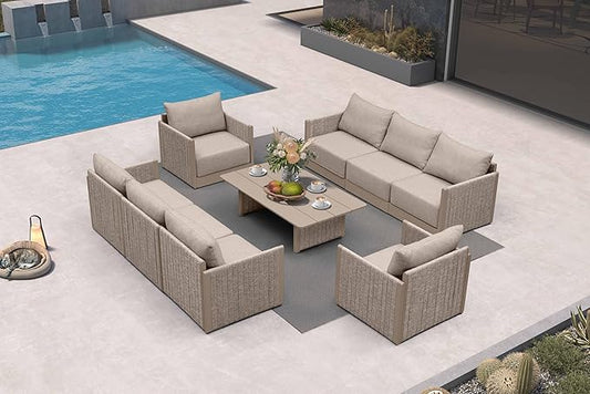 PURPLE LEAF Patio Furniture Set 9 Pieces Outdoor Conversation Sets PP Rope Patio Sofa with Cushions and Table Manual Weaving Deep Seating Furniture for Porch Lawn Backyard Beige