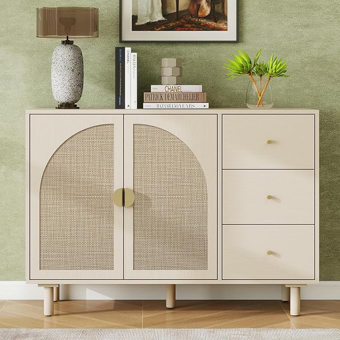 Beige 2 Door 3 Drawer Rattan Cabinet, Accent Storage Cabinets with Cane Door, Stylish Boho Buffet Table with Storage,Black Rattan Cabinet Wood Credenza for Dining Room,Bathroom,Study,Kitchen
