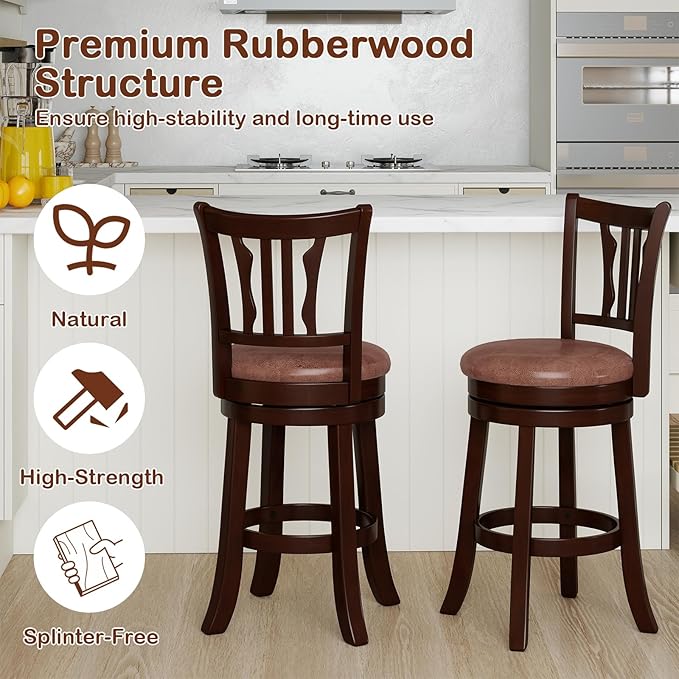 COSTWAY 26" Counter Height Stools Set of 2, Swivel High-Top Chairs with Backrest & Faux Leather Padded Seat, Rubber Wood Counter Barstools with Footrest for Kitchen, Dining Room, Pub (2,26'')