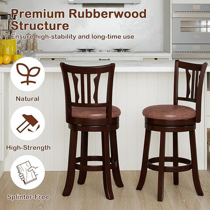 COSTWAY 26" Counter Height Stools Set of 2, Swivel High-Top Chairs with Backrest & Faux Leather Padded Seat, Rubber Wood Counter Barstools with Footrest for Kitchen, Dining Room, Pub (2,26'')