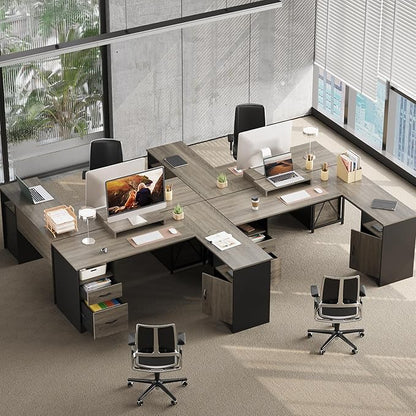 Bestier L Shaped Desk with File Drawers, 63" x 47" Office Computer Desk with Storage Cabinet, Corner Desk with Monitor Stand & Modesty Panel for Home Office, Gray
