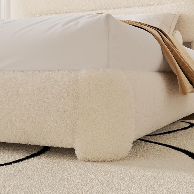 King Size Cloud Bed Frame, Upholstered Boucle Platform Bed with Adjustable Headboard, Anti-Collision Soft Rounded Corners, Noise Free, Easy Assembly, White