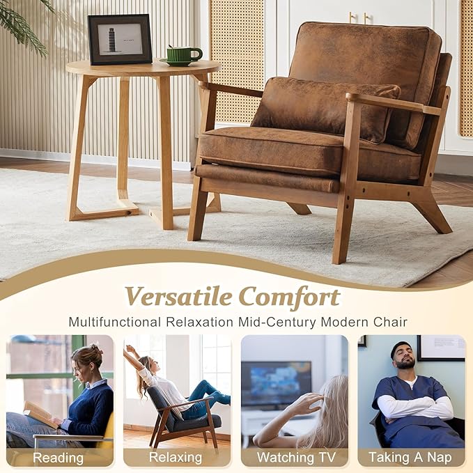 VINGLI Solid Wood Wide Armrests Accent Chair,Upholstered Mid Century Modern Chair with Pillow,Comfy Reading Chair Farmhouse Arm Chair,Chairs Living Room,Bedroom,Guest Room,Suede,Rustic