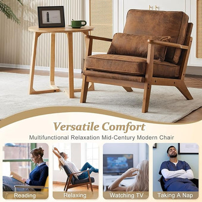 VINGLI Solid Wood Wide Armrests Accent Chair Set of 2,Upholstered Mid Century Modern Chair with Pillow,Farmhouse Arm Chair Comfy Reading Chair,Chairs Living Room,Bedroom,Guest Room,Suede,Rustic