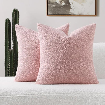 FUTEI Pack of 2 Pink Decorative Throw Pillow Covers 18x18 Inch Soft Cozy Solid Boucle Textured Cushion Case,Modern Home Decor for Couch Bed Living Room
