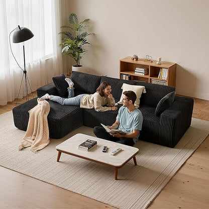 Apicizon 113" Sectional Sofa Couch for Living Room, 3 Seat Boneless Sofa with Chaise Longue, L-Shape Modular Sectional Couches with Deep Seat for Apartment，No Assembly Required (Stripe Corduroy Black)