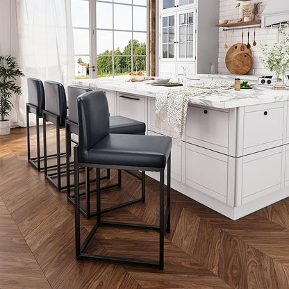 ALPHA HOME 24 Inch Bar Stools Set of 4, Kitchen Counter Stools with Backs, PU Leather Barstools, Kitchen Stools with Back&Upholstered Footrest, Sturdy Chromed Metal Steel Frame, Midnight Blue