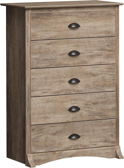 Prepac Sonoma Rustic 5-Drawer Tall Dresser for Bedroom, Farmhouse Dresser Chest of Drawers 17.75" D x 31.5" W x 44.75" H, Drifted Gray