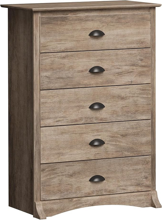 Prepac Sonoma Rustic 5-Drawer Tall Dresser for Bedroom, Farmhouse Dresser Chest of Drawers 17.75" D x 31.5" W x 44.75" H, Drifted Gray