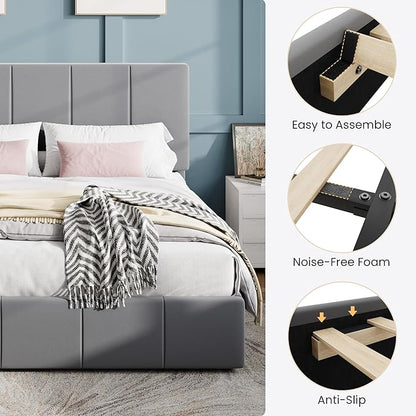 SHA CERLIN Queen Bed Frame, Velvet Upholstered Platform Bed, Vertical Channel Tufted Adjustable Headboard, Low Profile Bed Frame, No Box Spring Needed, Easy Assembly, Grey