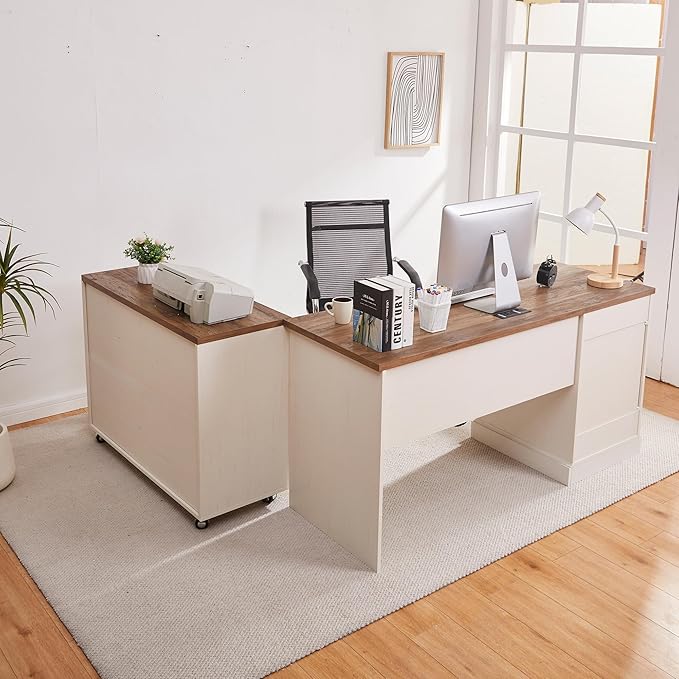 60" L-Shaped Executive Desk with 40" File Cabinet,Farmhouse Home Office Desk with Charging Station,Wood Computer Desk Set for Office Work,Home Study