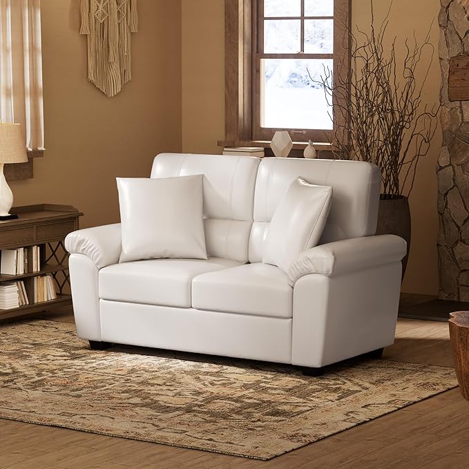 Morden Fort Faux Leather Loveseat, Modern Luxury Furniture with Removable and Easy to Clean Cushions, Skin-Friendly Wide Arm Leather Loveseat for Living Room Apartment Office Lounge, White