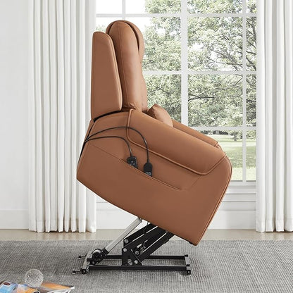 CHITA Electric Power Lift Recliner Chair for Elderly with Massage and Heat, Large Lay Flat Genuine Leather Recliner Chair with Cup Holders, USB Ports, Power Headrest, Independent Backrest, Saddle