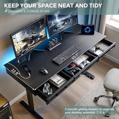 55x22 Inch Electric Standing Desk with One-Piece Desktop, Adjustable Height Computer Desk with 3 Storage Drawers & Power Outlets, Sit to Stand Up, Gaming Table for Home Office and Study, Black