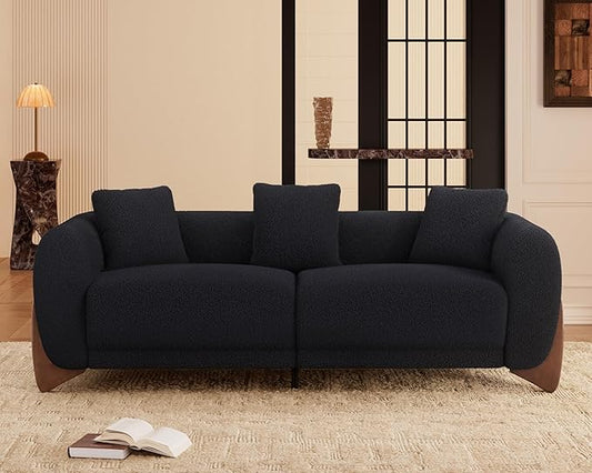 Morden Fort Modern Cloud Couch - 3 Seater Sherpa Boucle Sofa with Wood Legs, Ultra-Thick High Resilience Cushion with 3 Matching Pillows Upholstered Comfy Couch Sofa for Living Room - Black