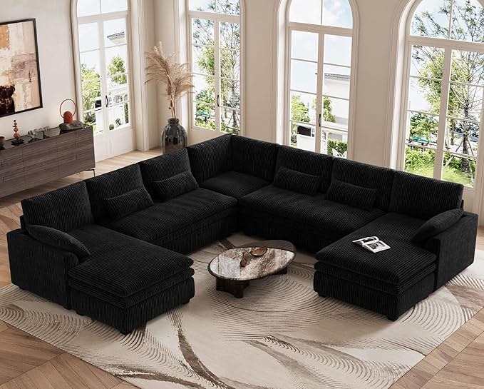 Belffin Large Modular Sectional Sofa with Double Deep Chaise and Loveseat, Corduroy U Shape Couch with 9" Soft Dual-Layer 9 Seats Cushion for Living Room, Apartment, Black