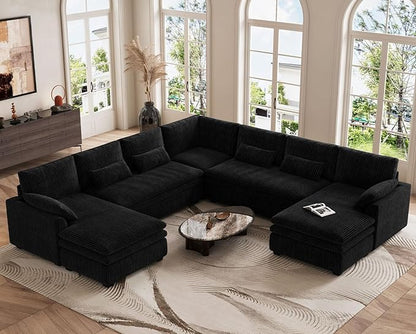 Belffin Large Modular Sectional Sofa with Double Deep Chaise and Loveseat, Corduroy U Shape Couch with 9" Soft Dual-Layer 9 Seats Cushion for Living Room, Apartment, Black