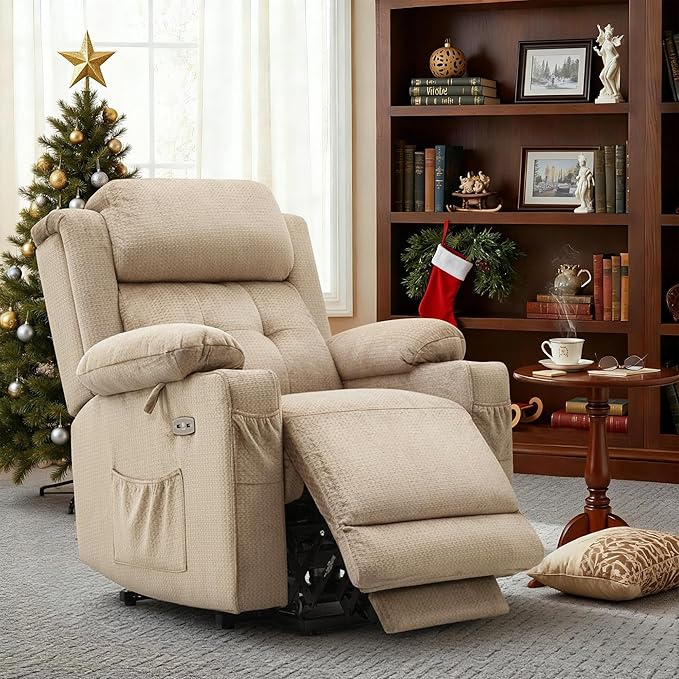 MCombo Medium Triple Motor Power Lift Recliner Chair with Massage and Heat for Elderly People, Adjustable Headrest, Infinite Position, USB Ports, Fabric 7661 (Beige, Medium)