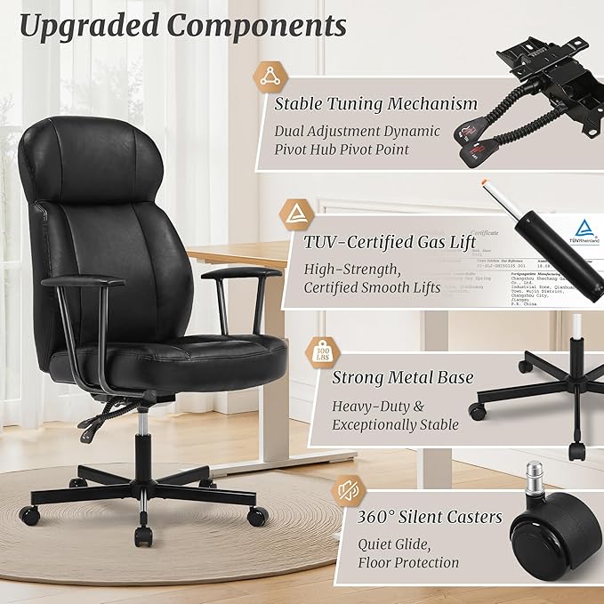High Back Office Desk Chair, Breathable Ergonomic Leather Chair with 5-Layer Seat Cushion with 135°Reclining Lumbar Support Adjustable Height Rolling Swivel Executive Armrests Chair, Black