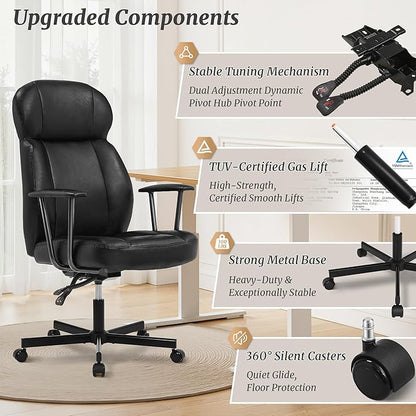 High Back Office Desk Chair, Breathable Ergonomic Leather Chair with 5-Layer Seat Cushion with 135°Reclining Lumbar Support Adjustable Height Rolling Swivel Executive Armrests Chair, Black