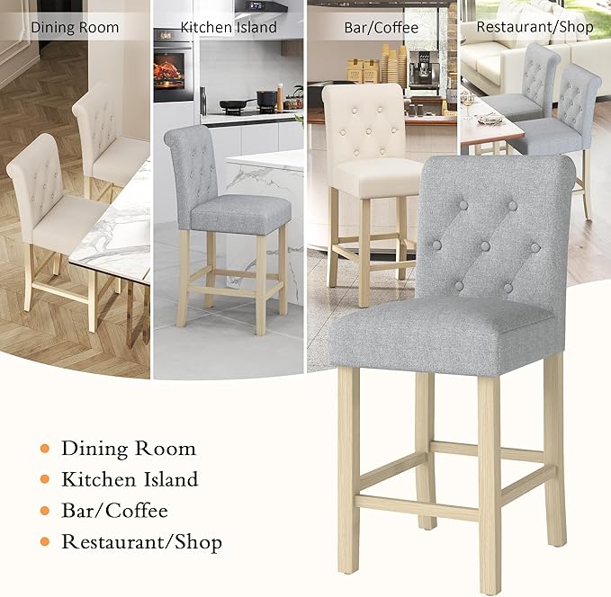 GOTMINSI 24" Bar Stools Set of 2 for Kitchen Island Upholstered Counter Height Bar Stools with Button Tufted Decoration Barstools Home Kitchen Island Wooden Bar Chairs Grey