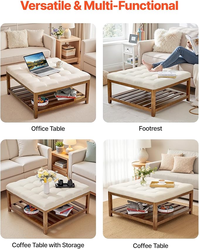 VEVOR Large Square Ottoman Coffee Table, 34.5 Inch Tufted Coffee Table with Solid Wood Shelf Storage, Linen Solid Upholstered Footrest Ottoman for Bedroom Living Room, 400 LBS, Off-White