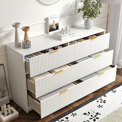 3-Piece Modern Bedroom Furniture Set, Wide 6-Drawer Dresser & 1-Drawer Nightstands Set of 2, Natural Wood Dresser and Nightstand Sets for Bedroom, Hallway, White