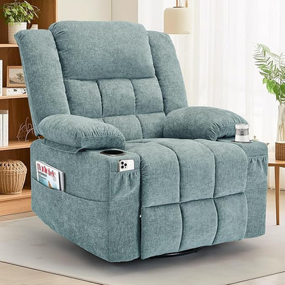 Adult 360° Swivel Rocking Recliner, Baby Room Glider Recliner with Massage and Heating, Rocking Chair with Cup Holder, Living Room and Bedroom Manual Chair (Fabric, Lake Blue)