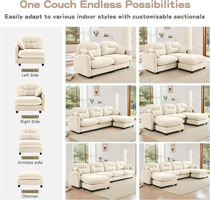 107" U Shaped Couch for Living Room, Comfy Chenille Fabric Cloud Sectional Couch, Modern Upholstered Deep Seat Sofa with Pillow and 2 Movable Ottoman, Oversized 3 Seater Sectional Sofa, Beige
