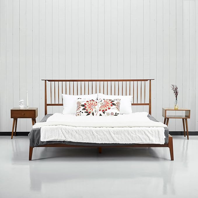 NTC Ruby Wooden Bed Frame with Headboard, Crafted from Walnut, Rubber Wood with Silent Slats and Wood Central Supports, 1000 Lb Capacity, Effortless Assembly, Queen - Dark Walnut