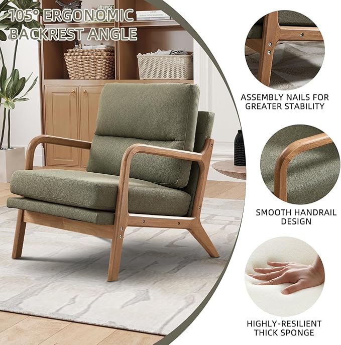 Mid Century Modern Accent Chair Set of 2, Linen Fabric Upholstered Lounge Arm Chair with Solid Wood Frame and Soft Cushion for Living Room, Bedroom, Balcony (1, Green)