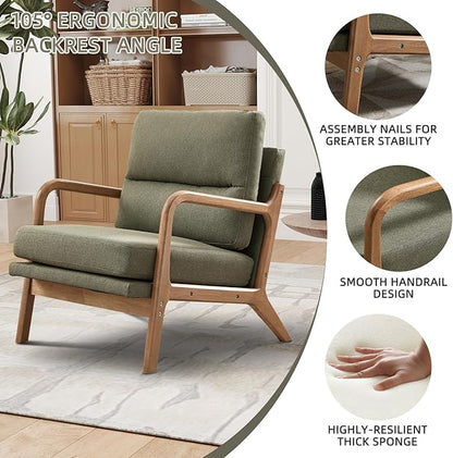Mid Century Modern Accent Chair, Linen Fabric Upholstered Lounge Arm Chair with Solid Wood Frame and Soft Cushion for Living Room, Bedroom, Balcony (1, Green)