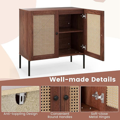 COSTWAY Buffet Cabinet with Storage, Storage Sideboard with Rattan Decorated Doors, Adjustable Shelf, Metal Legs, Accent Cabinet, Buffet Table Credenza for Hallway, Entryway, Living Room (1, Walnut)