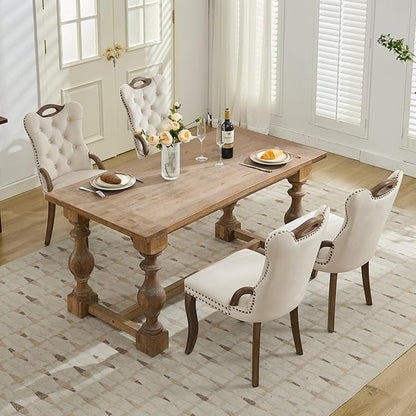 Velvet Dining Chairs Set of 4, Solid Wood Handles, Wooden Upholstered Dining Chair, Vintage Copper Nail Decoration, Mid Century Modern Kitchen Chair (Beige, Set of 4)