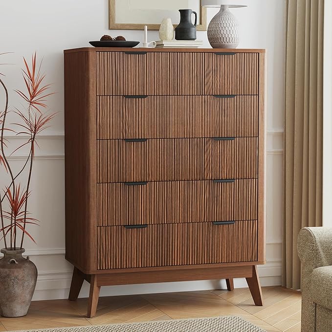 SUNWAVE Fluted 5 Drawer Dresser for Bedroom, 43.3" Tall Dressers with Round Corner, Mid-Century Modern Wood Chest for Living Room, Entry