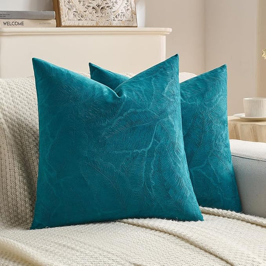 FUTEI Teal Velvet Throw Pillow Covers 26x26 Inch Set of 2,Soft Embossed Leaf-Relief Textured Euro Pillow Shams,Natural Home Decor for Couch Living Room